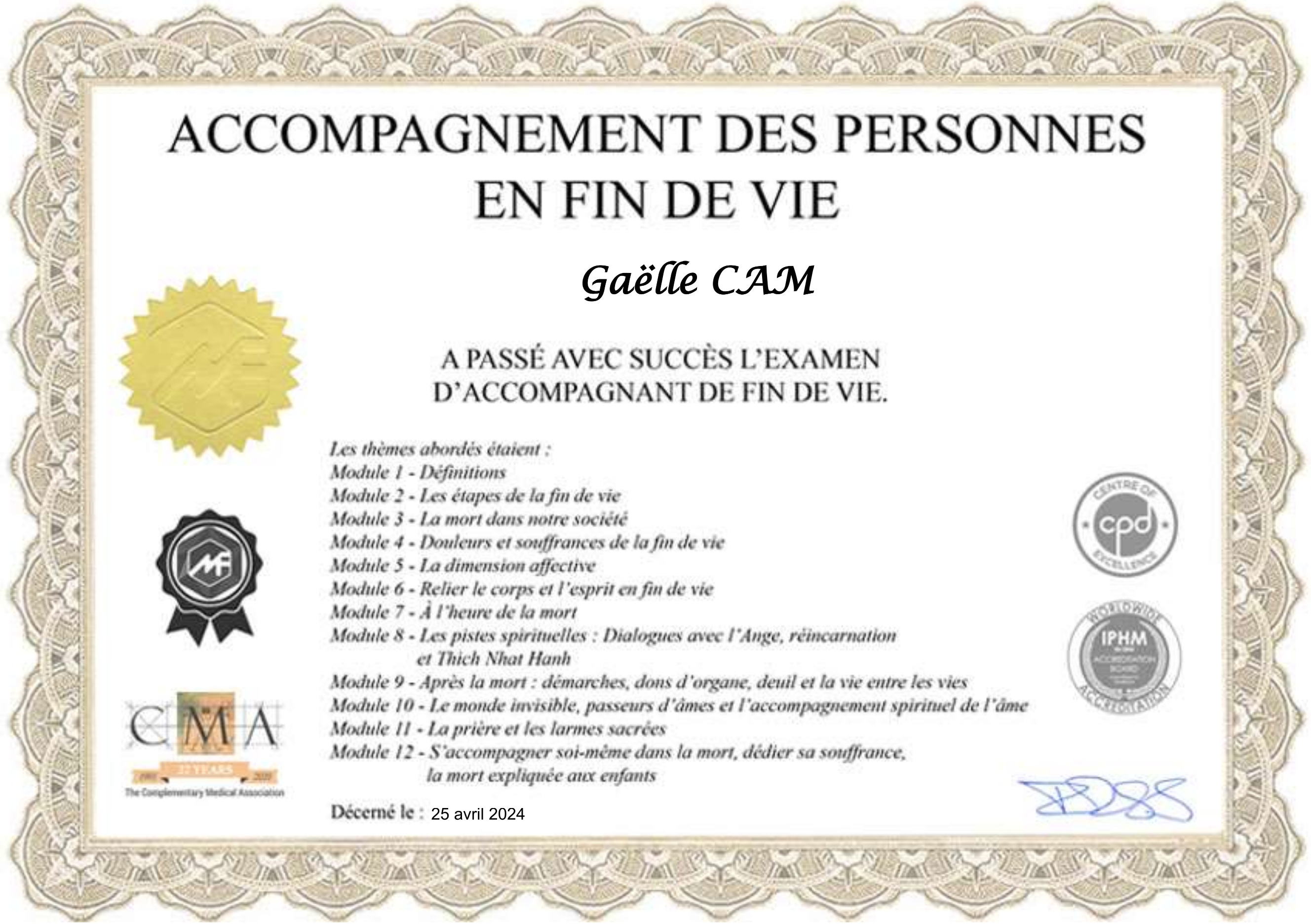 Certificat fin de vie Gaëlle CAM